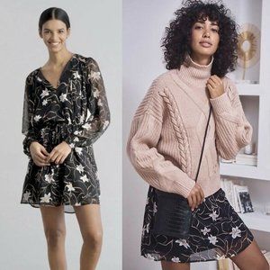 Elizabeth and James Smock Sleeve Mini Shift Dress Womens Size XL Black Floral